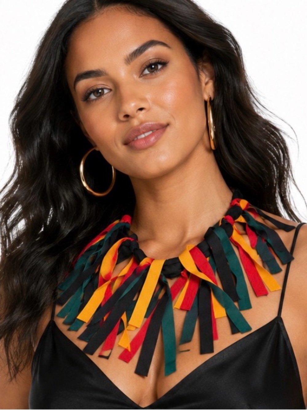 Multicolor Fringe Statement Necklace - Ribbon tie closure